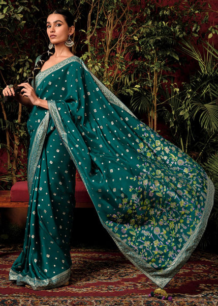 Antique Green Woven Banarasi Silk Saree With Brocade Blouse