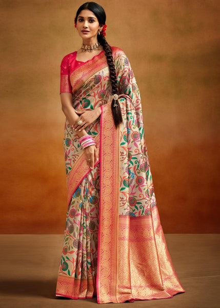 Almond Beige Woven Banarasi Silk Saree With Kalamkari Print