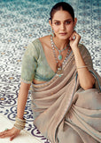 Crystal Grey Designer Embroidered Silk Saree With Contrast Blouse
