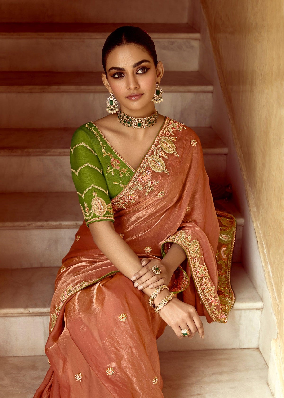 Apricot Peach Heavy Embroidered Designer Silk Saree