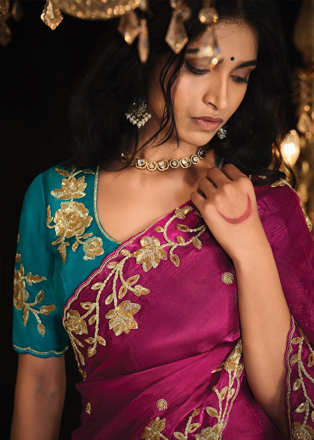 Magenta Pink Heavy Embroidered Designer Silk Saree With contrast Blouse