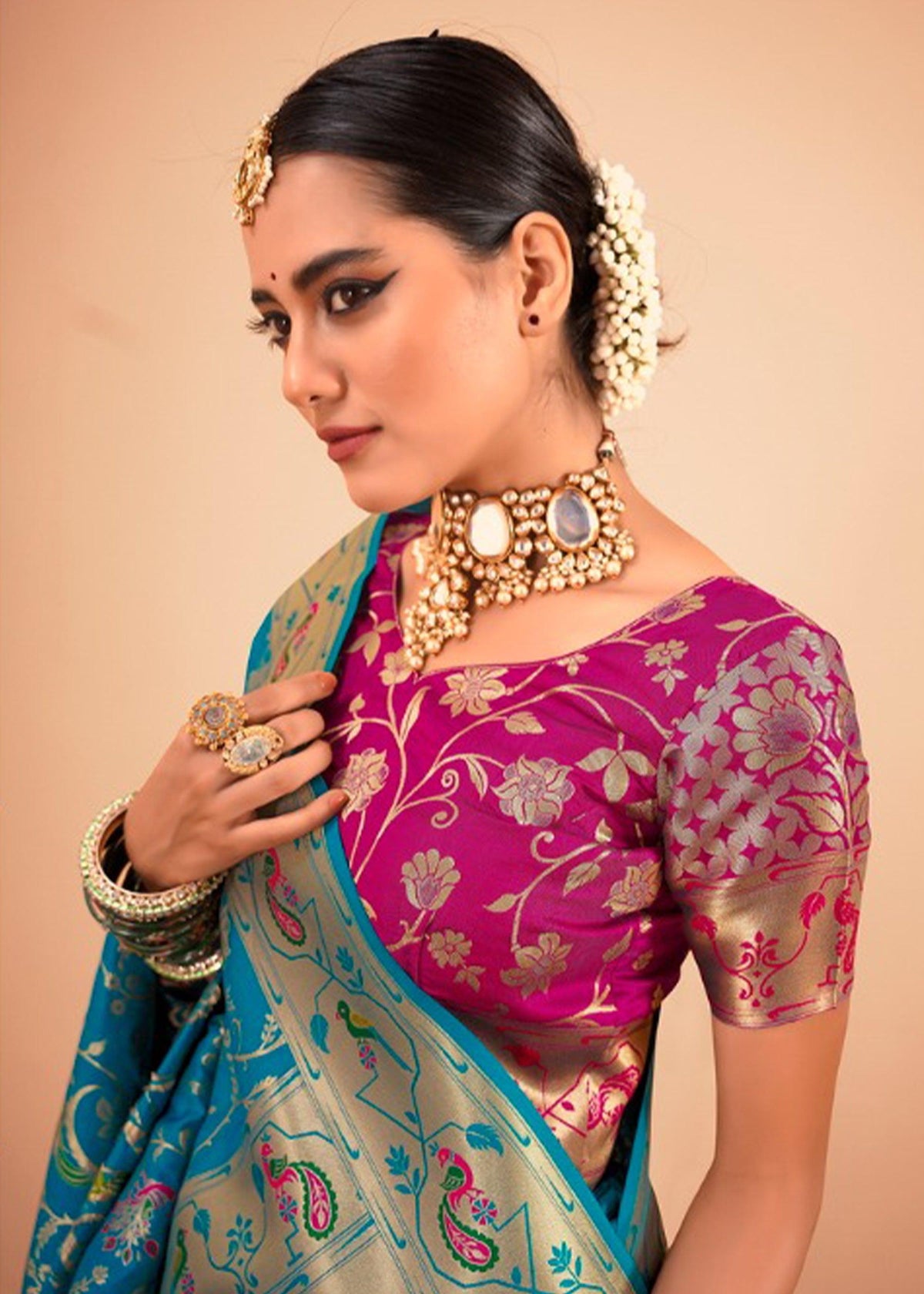 Alaskan Blue Woven Paithani Silk Saree With Contrast Blouse