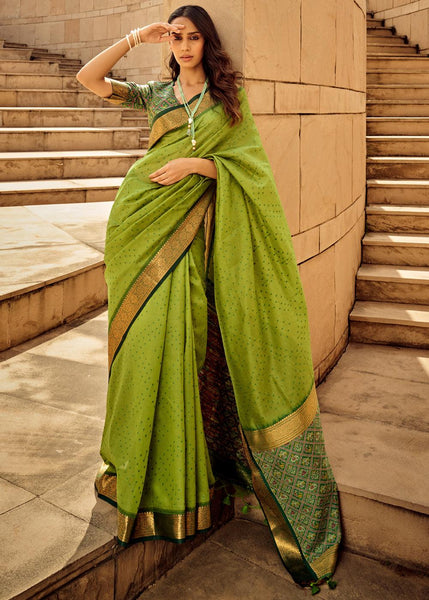 Bright Lime Green Woven Banarasi Patola Silk Saree