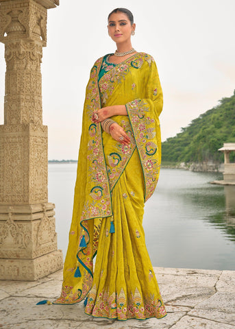 Lime Green Designer Embroidered Silk Saree