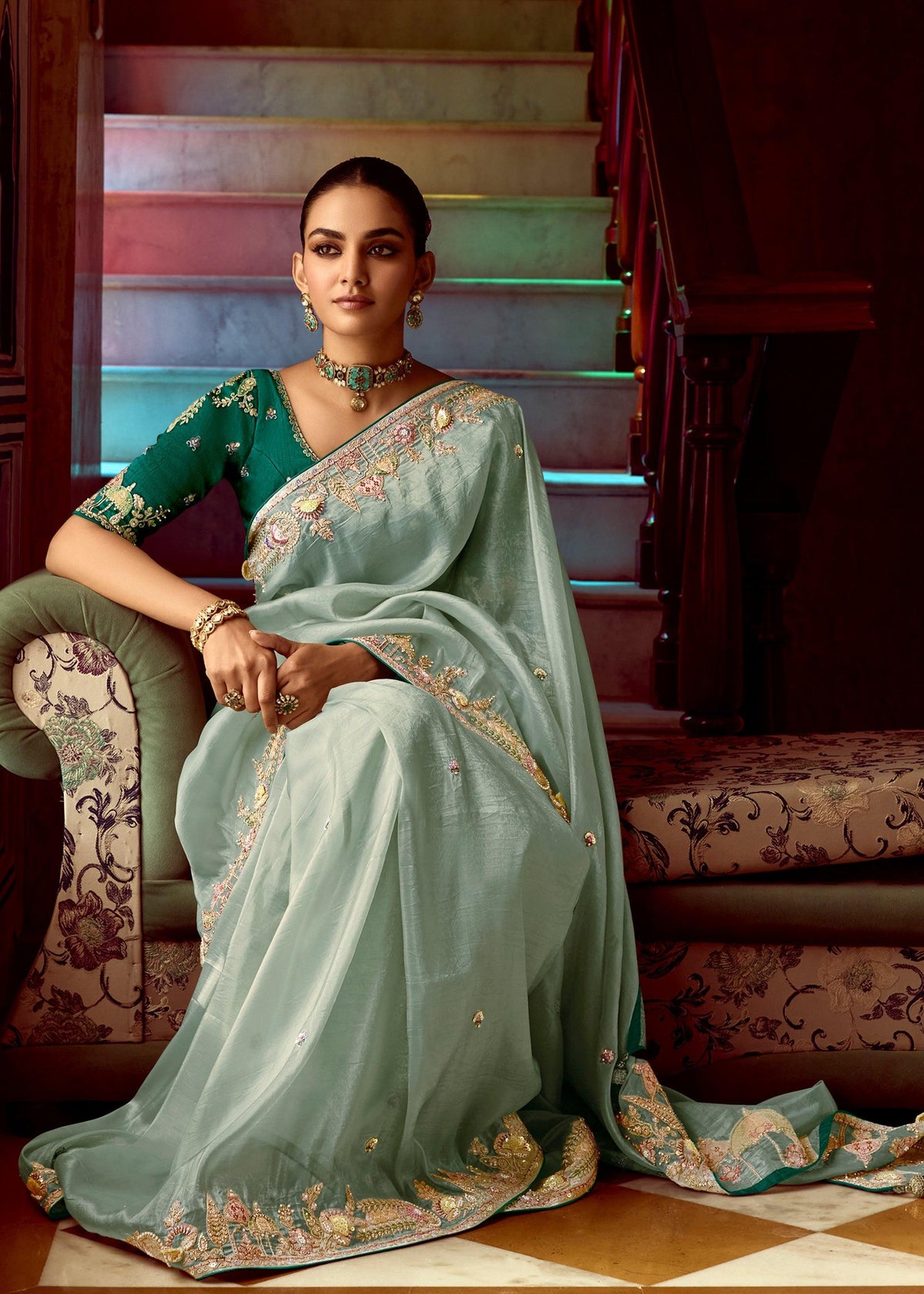 Ice Green Heavy Embroidered Designer Silk Saree