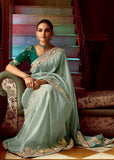 Ice Green Heavy Embroidered Designer Silk Saree
