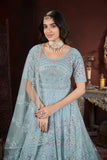 Sky Blue Sparkle Thread Embroidery With Zarkan And Mirror Work Gown - women's fashion mart