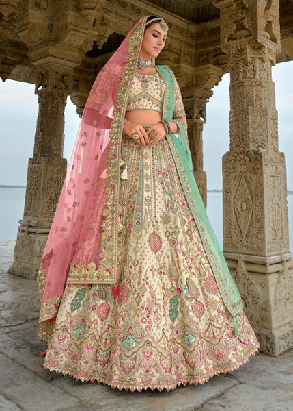 Cream And Pink Heavy Embroidered Designer Lehenga