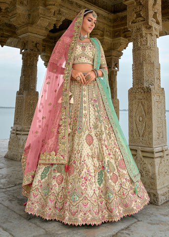 Cream And Pink Heavy Embroidered Designer Lehenga