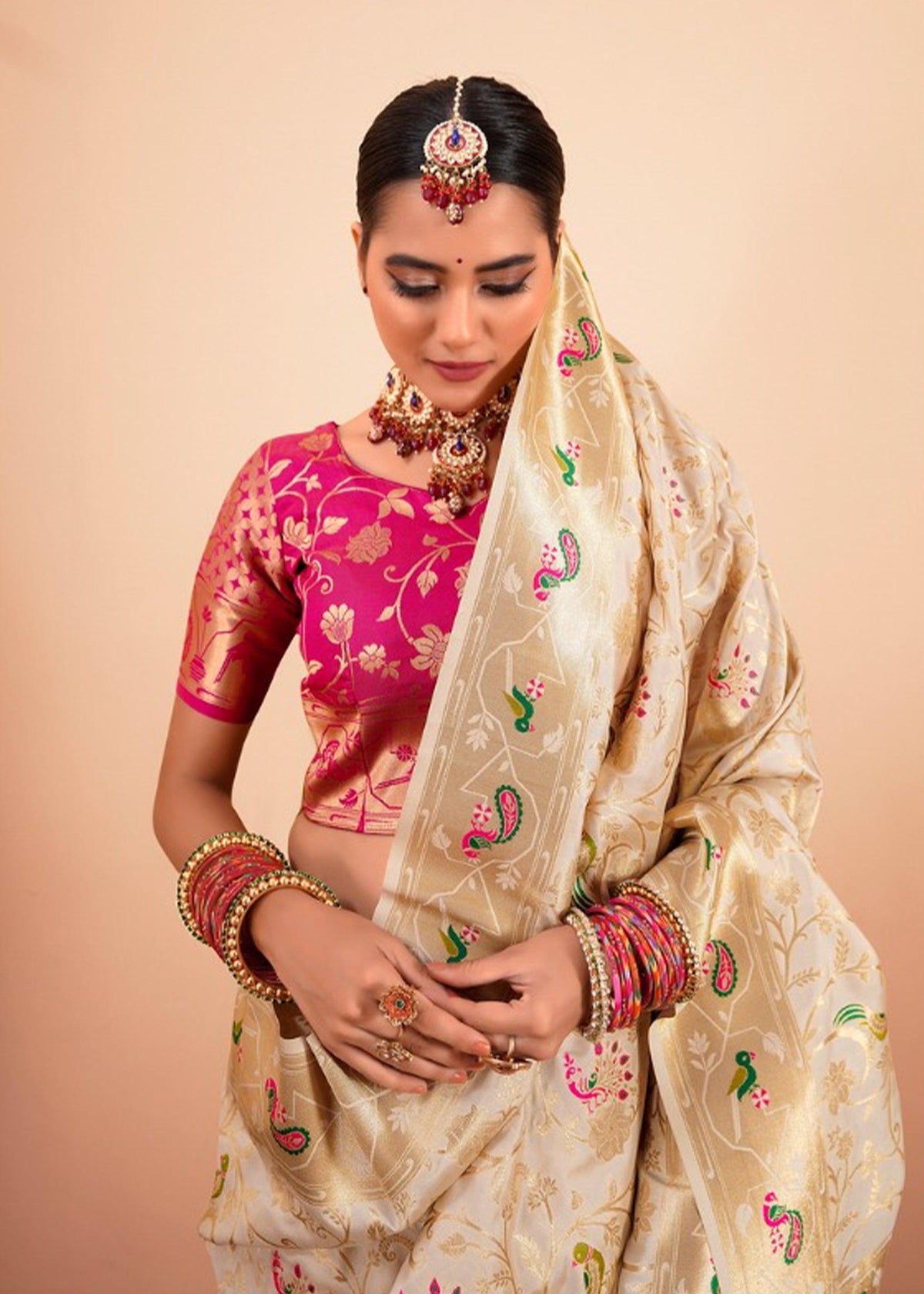 Pearl White Woven Paithani Silk Saree With Contrast Blouse
