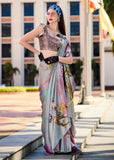 Wild Grey Satin Crepe Printed Silk Saree