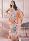 Bloom Peach Woven Banarasi Cotton Silk Saree With Digital Print