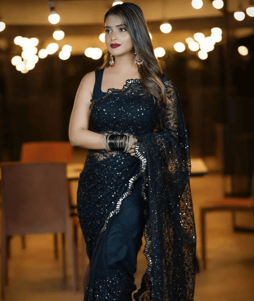 Black Colour Embroidery Sequence Work Net Saree -Designer Saree Black / UNSTICH women's fashion mart