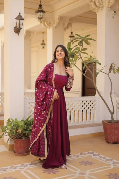 Wine colour embroidery work anarkali suit with dupatta -Designer Suit M / Purple women's fashion mart