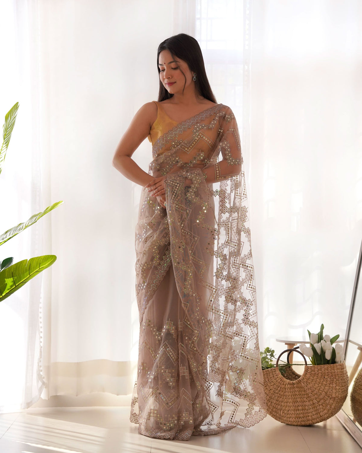 Tortilla brown colour sequence embroidery work net saree -Net Saree Brown women's fashion mart