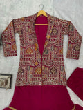 sequence embroidery work koti with palazzo full stitched suit -Designer Suit Red women's fashion mart
