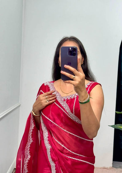 Launching Burbari Jimmy Choo Embroidery Saree -Party Wear Dark Pink women's fashion mart