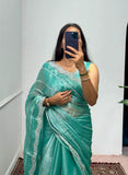 Launching Burbari Jimmy Choo Embroidery Saree -Party Wear Sky Blue women's fashion mart