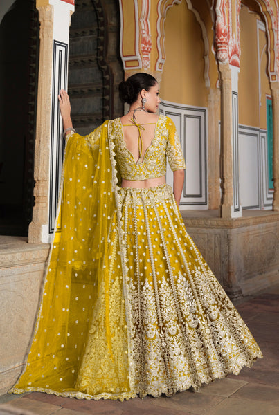 Yellow Embroidered Net Bridal Lehenga Choli - women's fashion mart