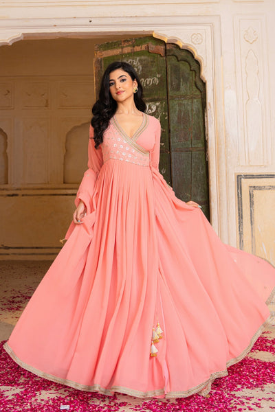 Peach Radiance Embroidered Georgette Anarkali Set