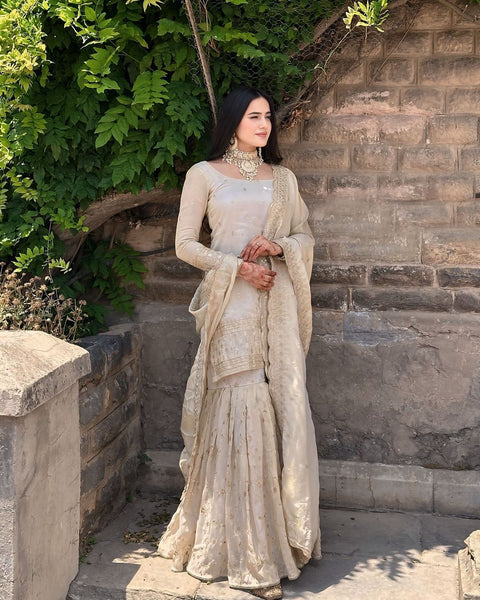 Beige cream colour sequence work sharara suit -Designer Suit M / White women's fashion mart
