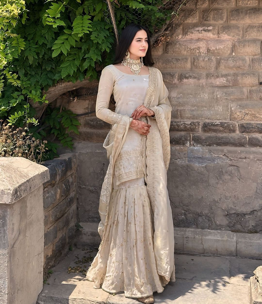 Beige Cream Colour Sequence Work Sahara Suit  women's fashion mart