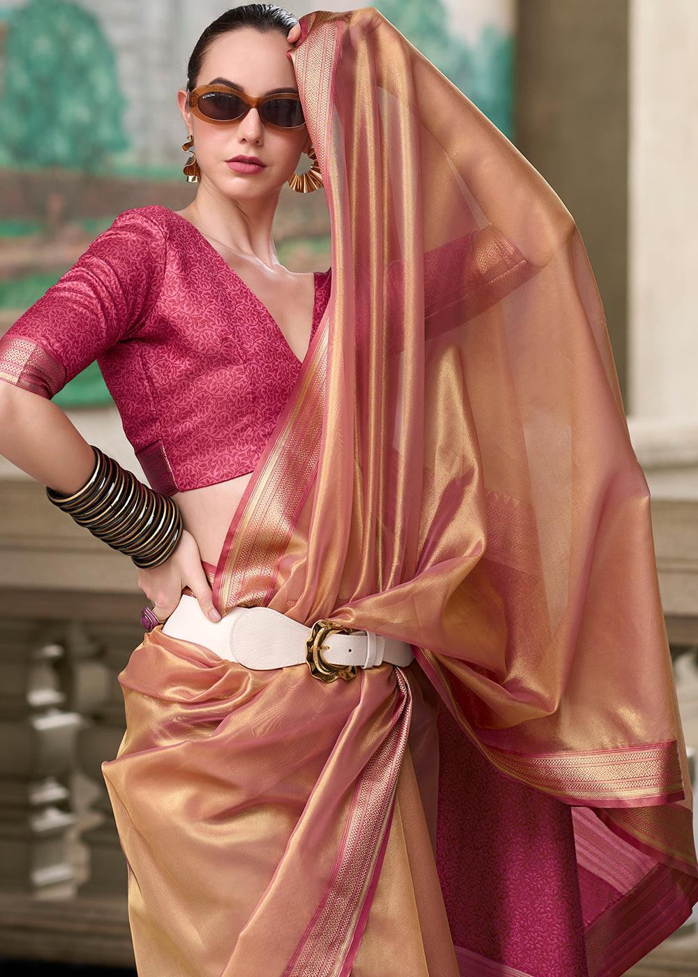 Light Pink Woven Banarasi Tissue Silk Saree