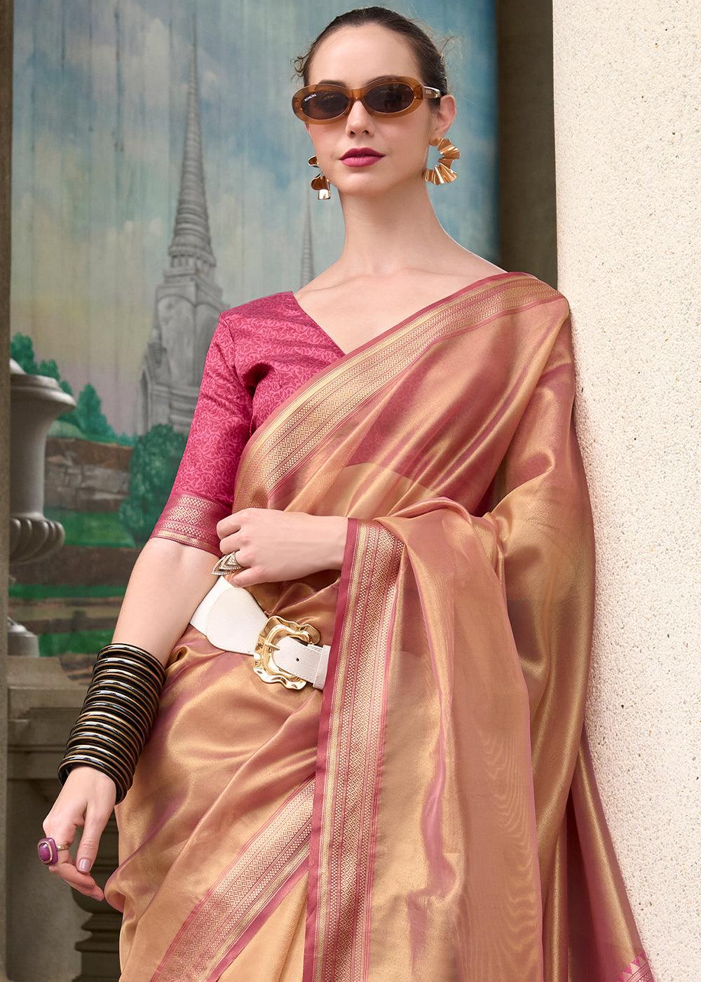 Light Pink Woven Banarasi Tissue Silk Saree