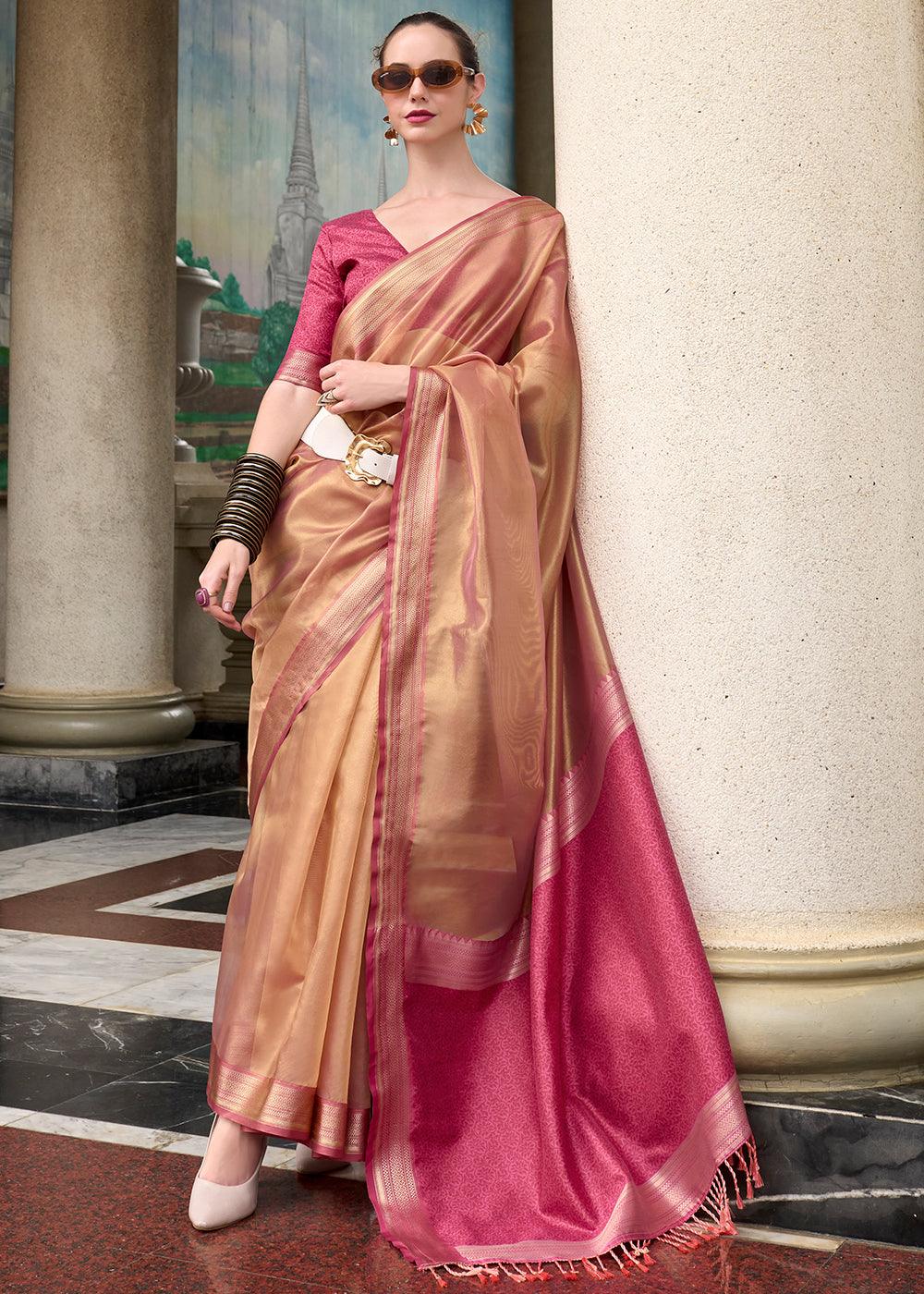 Light Pink Woven Banarasi Tissue Silk Saree