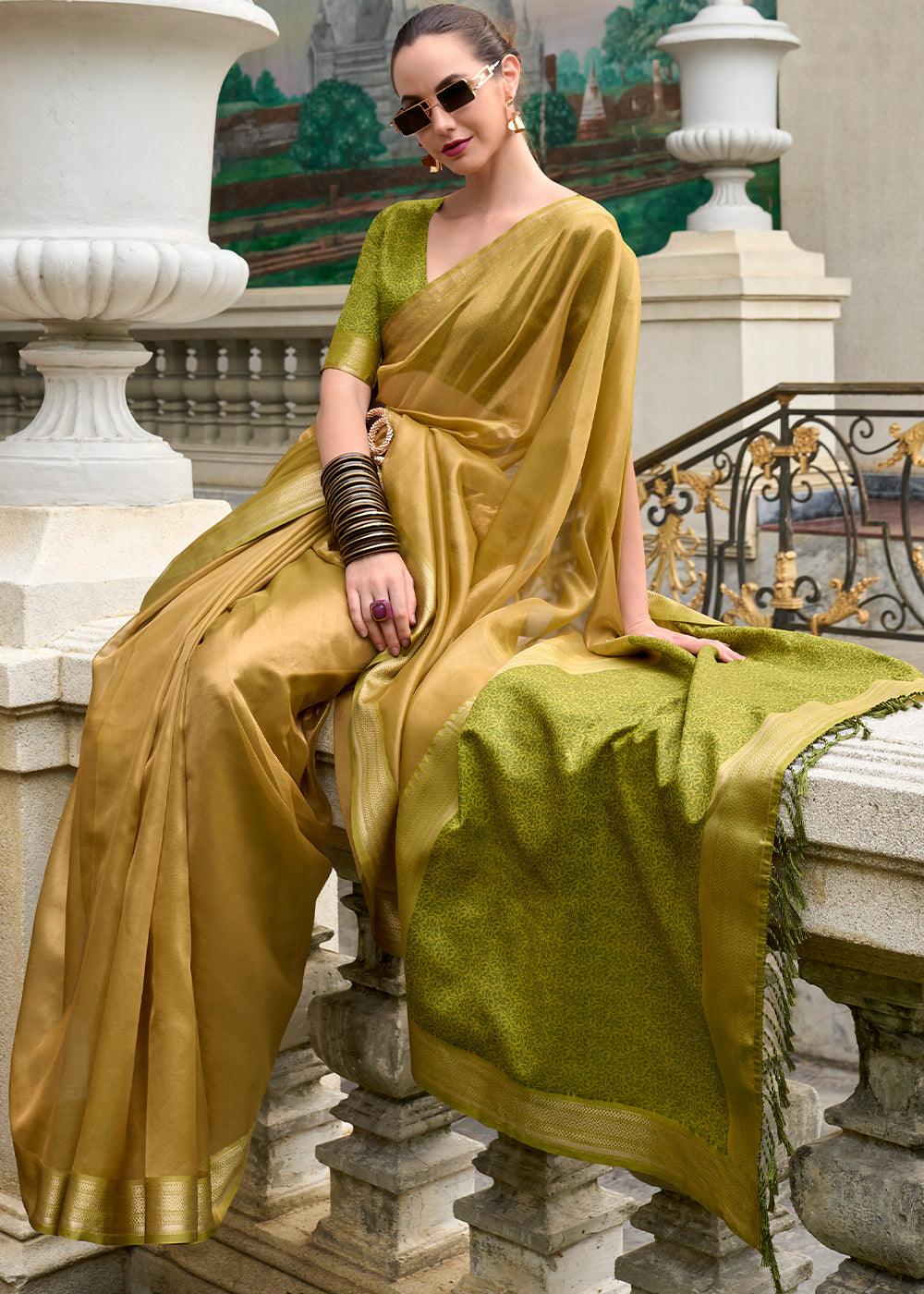 Mehndi Green Woven Banarasi Tissue Silk Saree