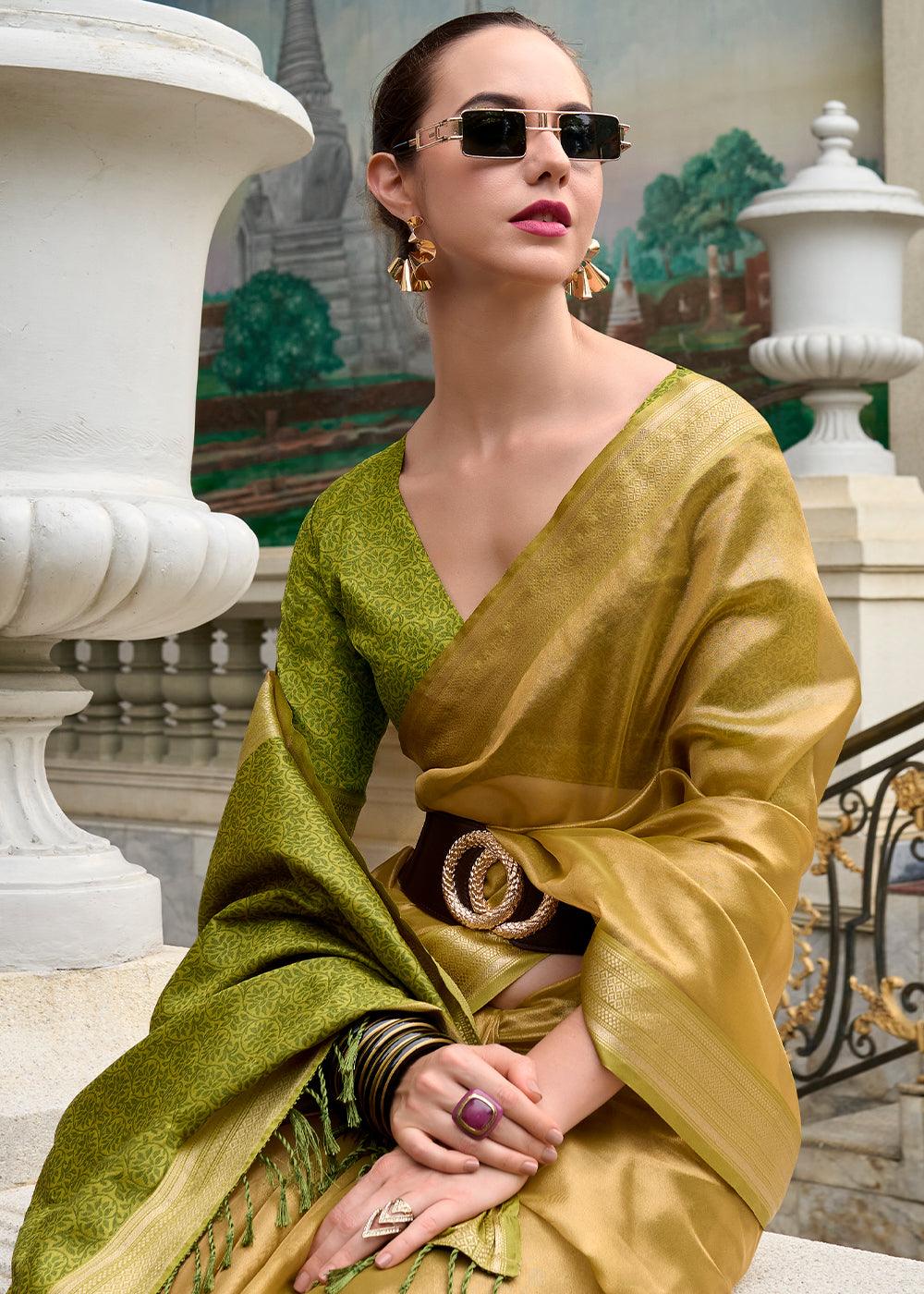 Mehndi Green Woven Banarasi Tissue Silk Saree