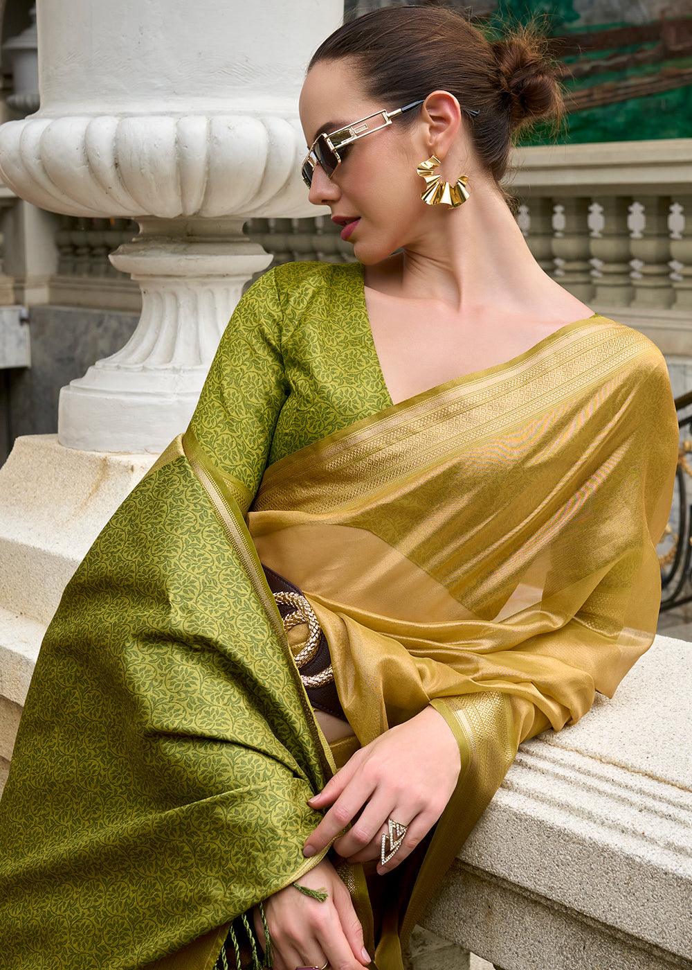 Mehndi Green Woven Banarasi Tissue Silk Saree