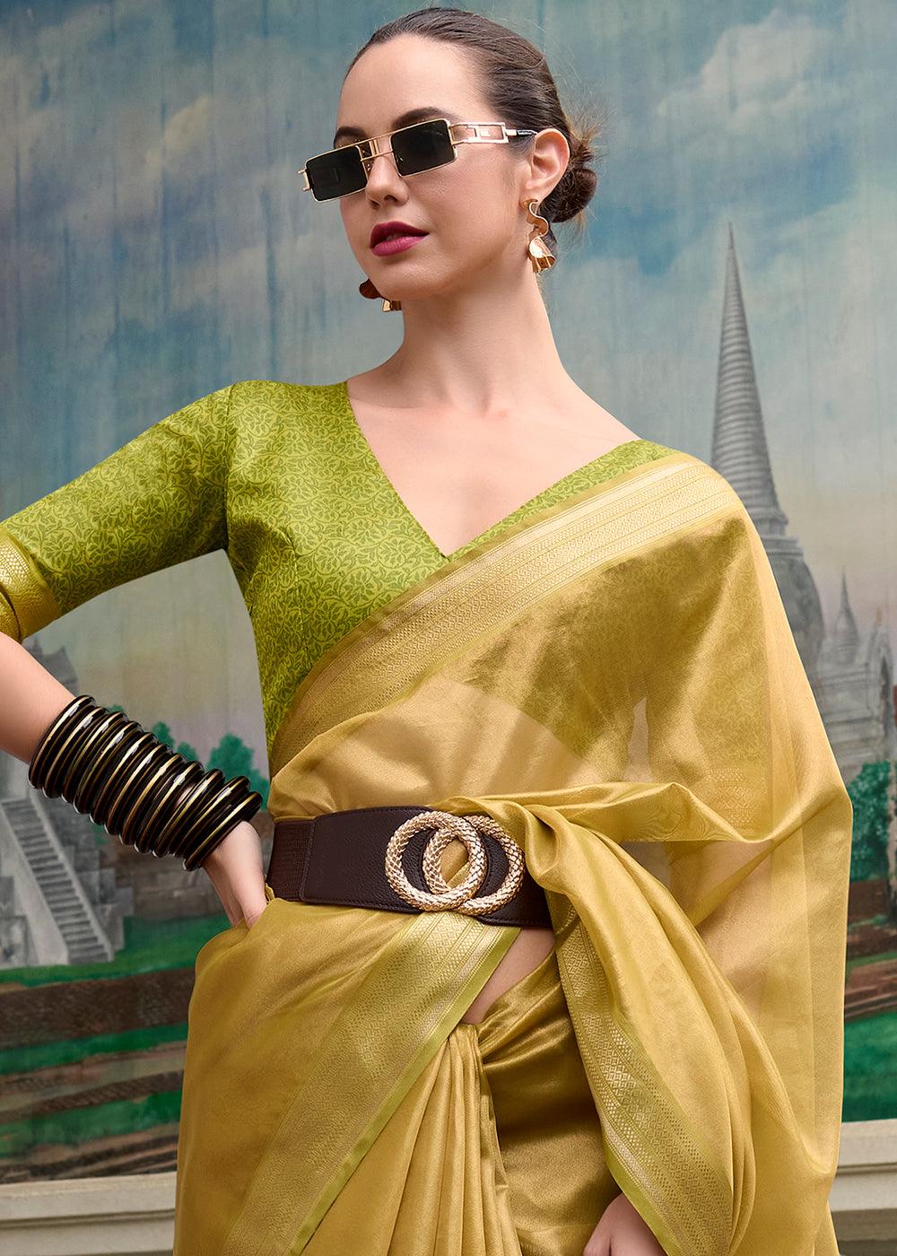 Mehndi Green Woven Banarasi Tissue Silk Saree