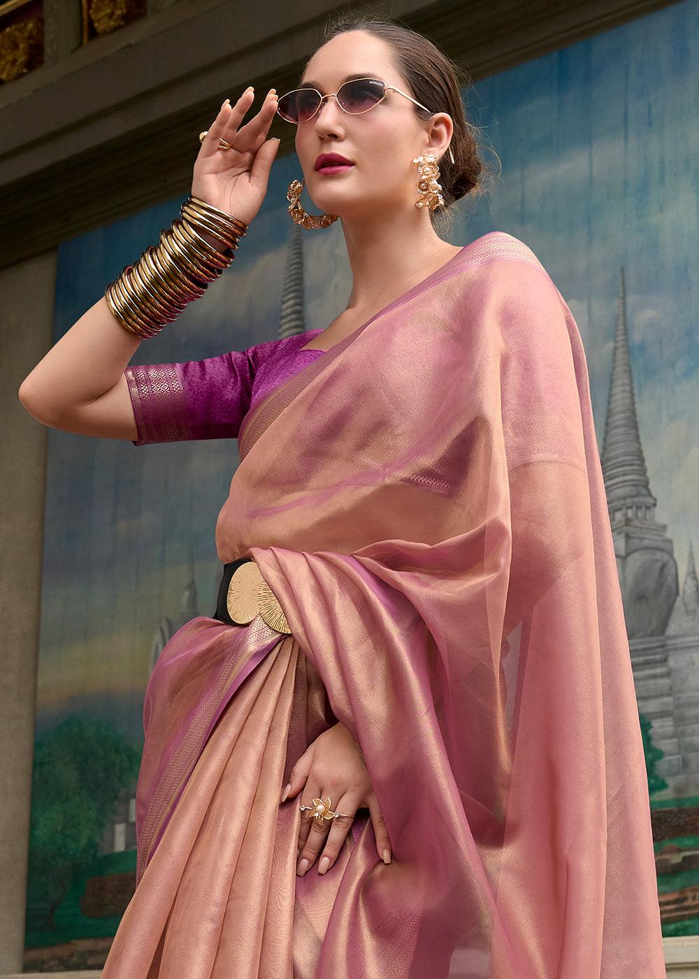 Blush Pink Woven Banarasi Tissue Silk Saree