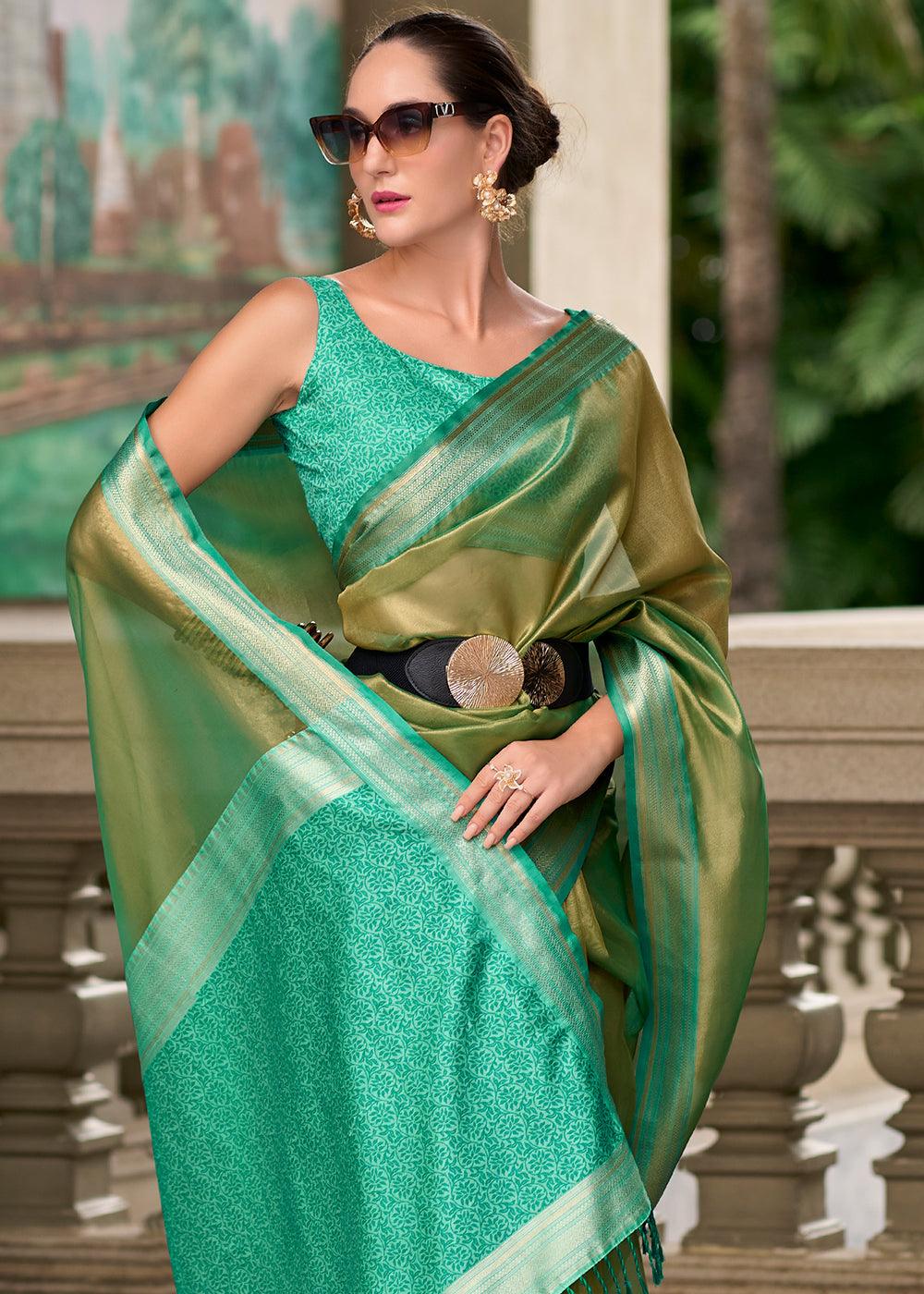 Golden Green Woven Banarasi Tissue Silk Saree