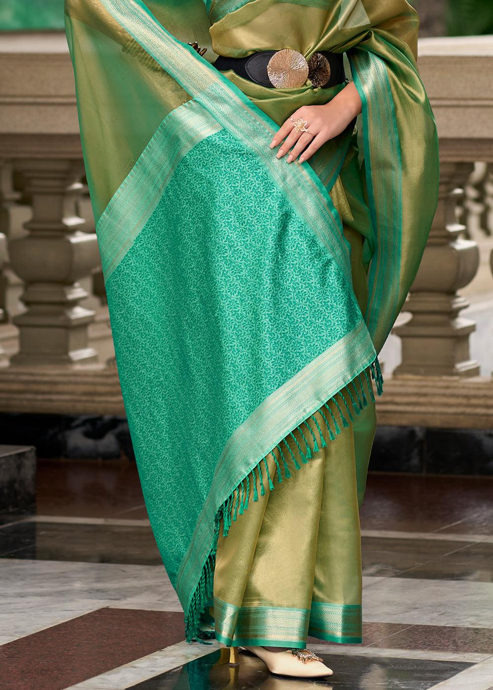 Golden Green Woven Banarasi Tissue Silk Saree