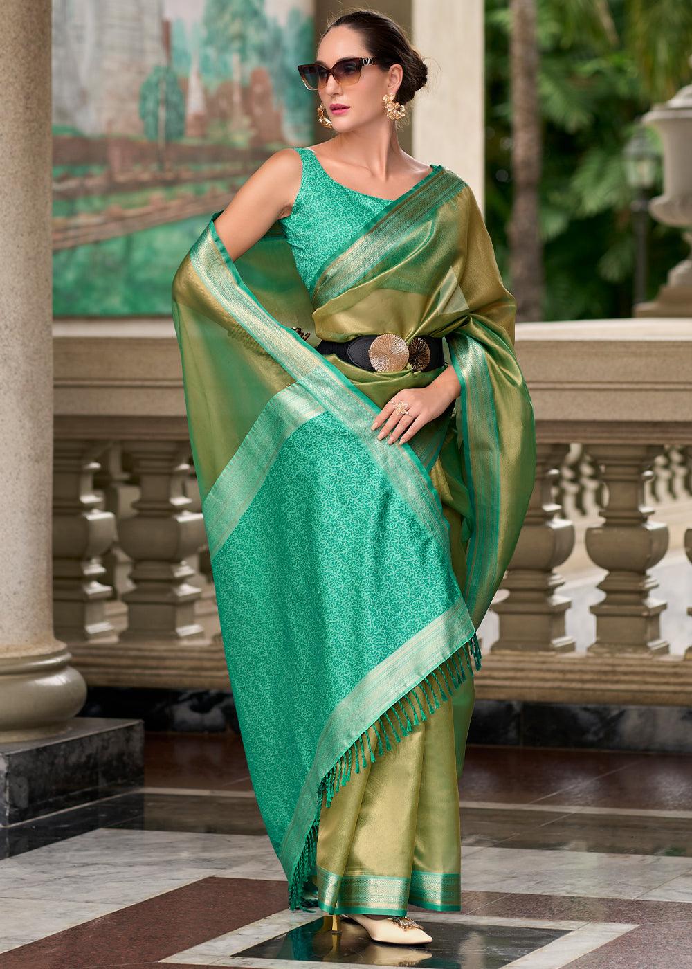 Golden Green Woven Banarasi Tissue Silk Saree