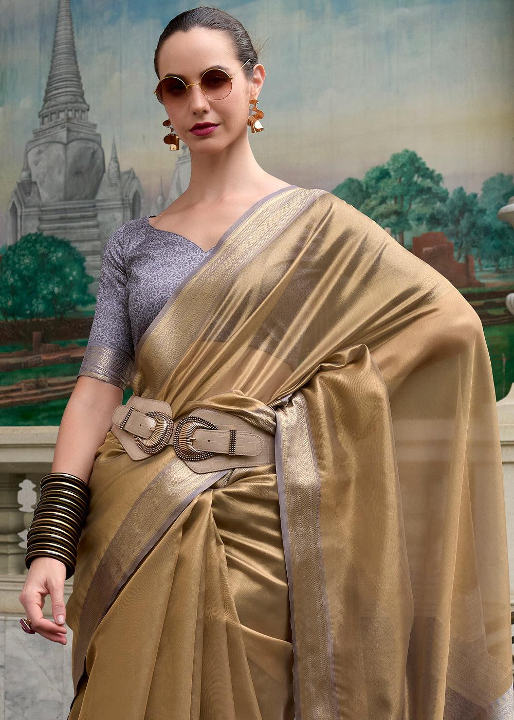 Safari Brown Woven Banarasi Tissue Silk Saree
