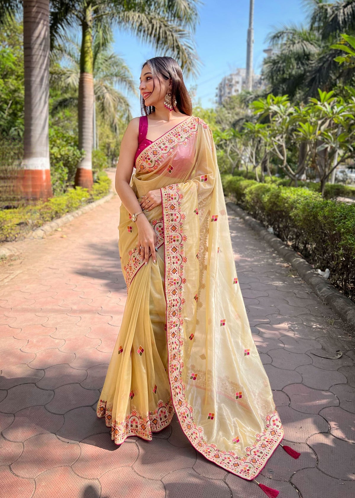 Multi thread embroidery work saree -Net Saree Yellow women's fashion mart