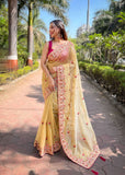 Multi thread embroidery work saree -Net Saree Yellow women's fashion mart
