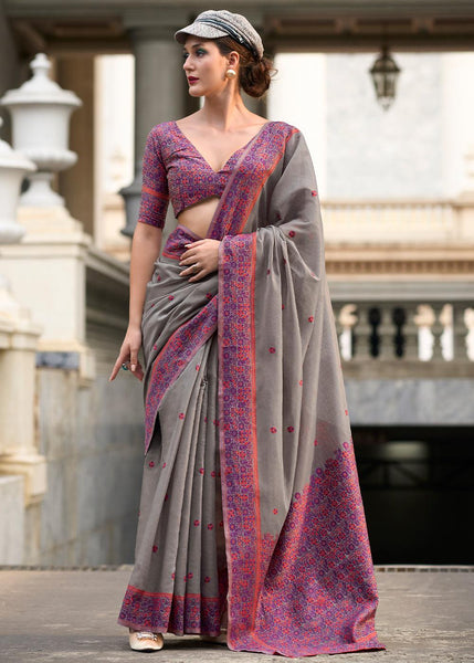 Slate Grey Woven Linen Silk Saree