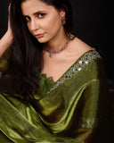 Mehendi green colour real mirror diamond work saree -Net Saree Green women's fashion mart