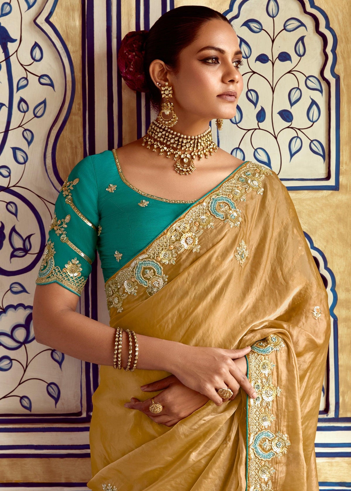 Bright Golden Heavy Embroidered Designer Silk Saree