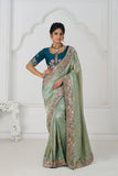 Green Luxury Wedding Saree With Multi-Thread Bead Embroidery & Sequin Work