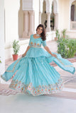 Gold Crush Embroidered Lehenga Set With Peplum Blouse And Heavy Sequins Dupatta