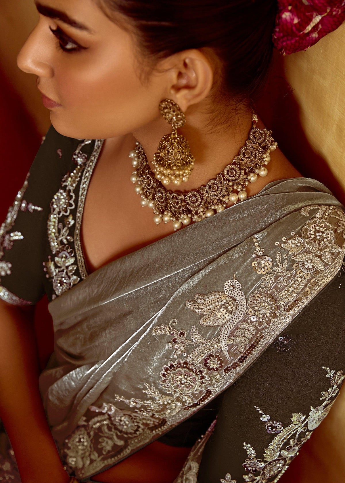 Silver Grey Heavy Embroidered Designer Silk Saree