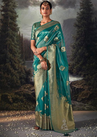 Teal Blue Woven Banarasi Organza Silk Saree
