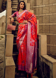 Bright Red Woven Satin Silk Banarasi Saree With Brocade Blouse