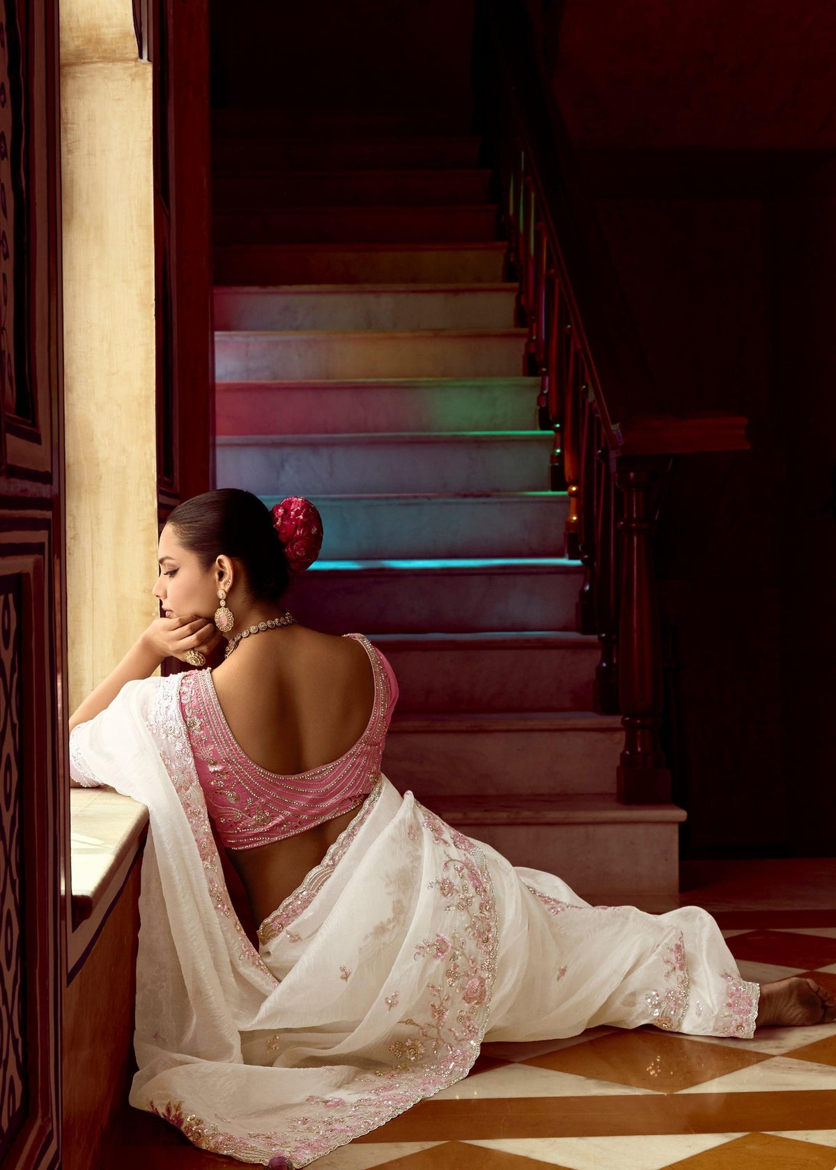 Snow White Heavy Embroidered Designer Silk Saree