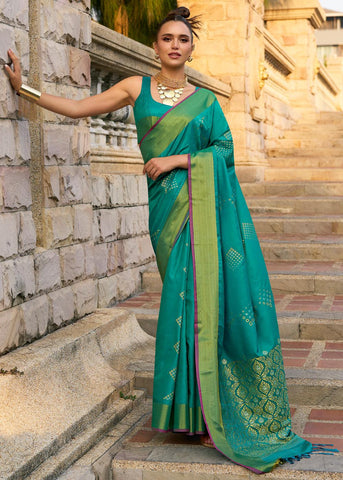 Basil Green Woven Banarasi Soft Silk Saree